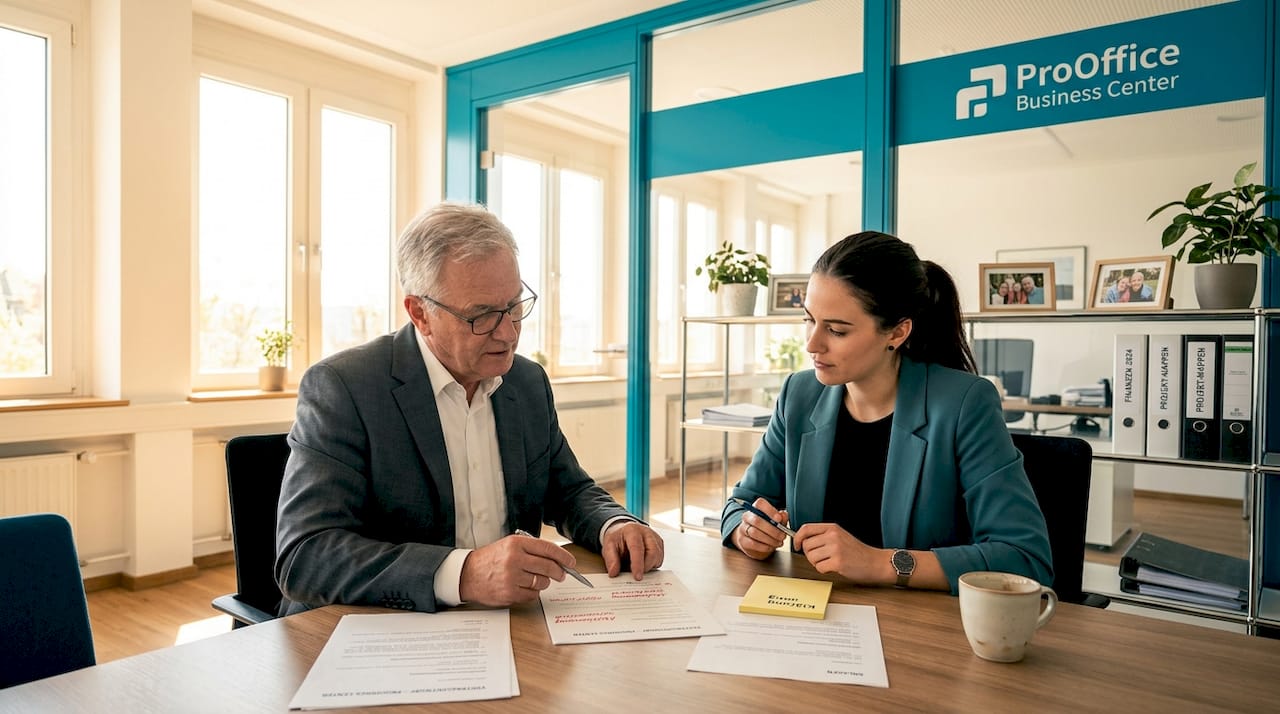 Im offenen Büro besprechen Kollegen gemeinsam aktuelle Vertragsangelegenheiten.