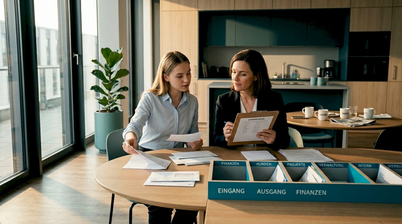 Das Team kümmert sich im Büro um die tägliche Postverteilung.