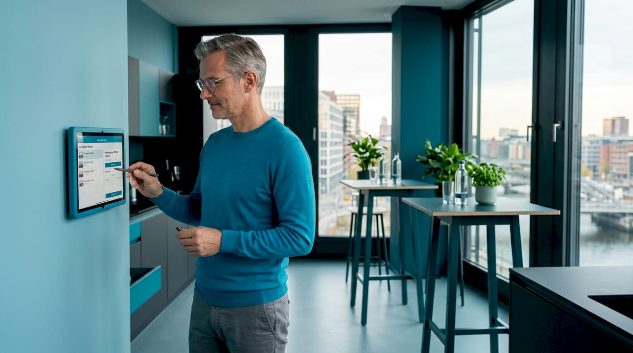 Ein Mitarbeiter bucht seinen Termin bequem über das digitale System im Büro.