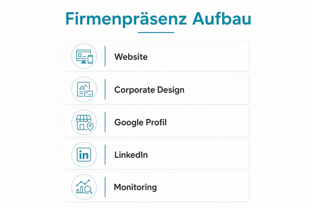 Die Infografik veranschaulicht, wie Unternehmen in fünf Schritten eine starke Präsenz aufbauen können.