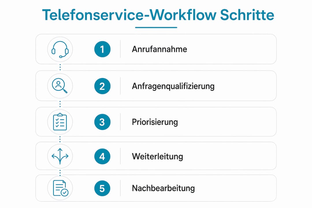 Übersicht: Fünf Schritte für einen effizienten Telefonservice – als Infografik dargestellt