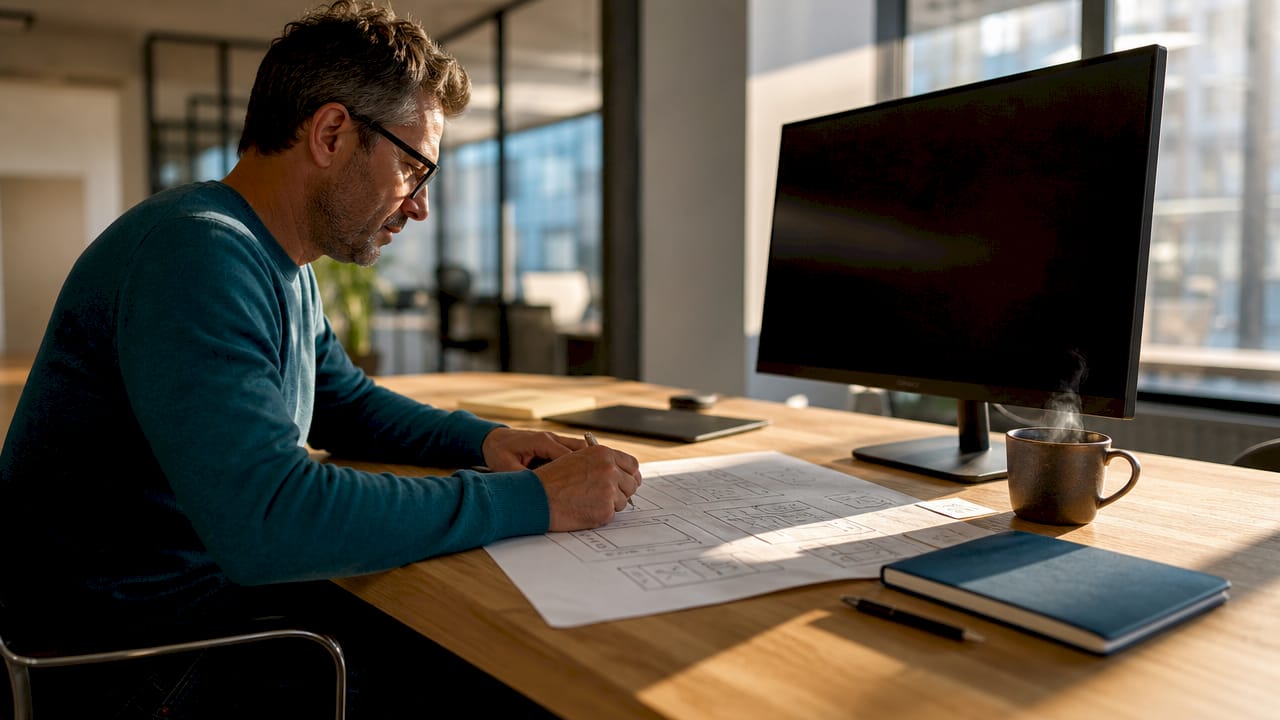 Ein Webdesigner tüftelt im Homeoffice an einer neuen Website.