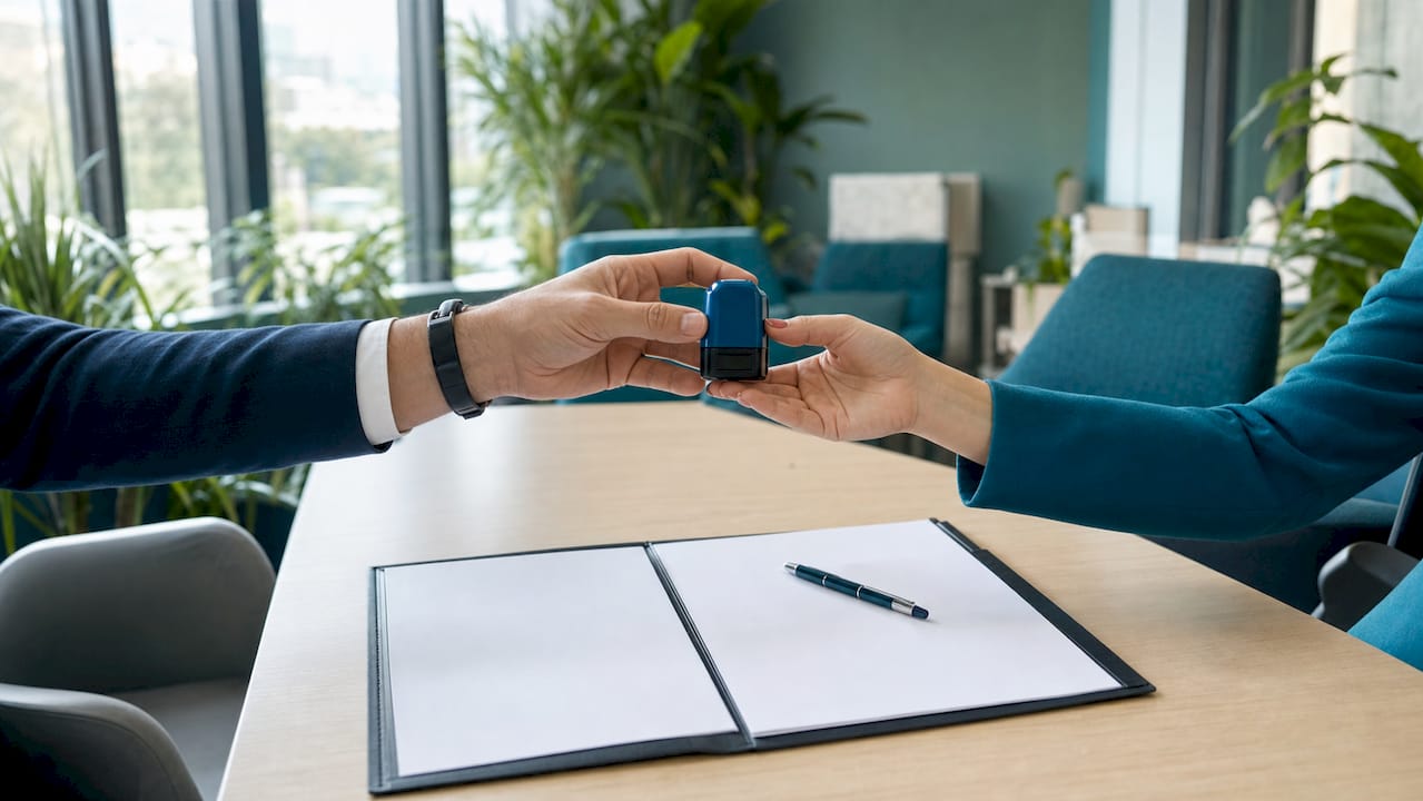 Hände, die einen Vertrag mit einem Stempel offiziell besiegeln
