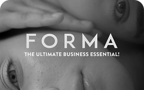 Close-up black and white image of two faces partially overlapping with text 'FORMA THE ULTIMATE BUSINESS ESSENTIAL!'