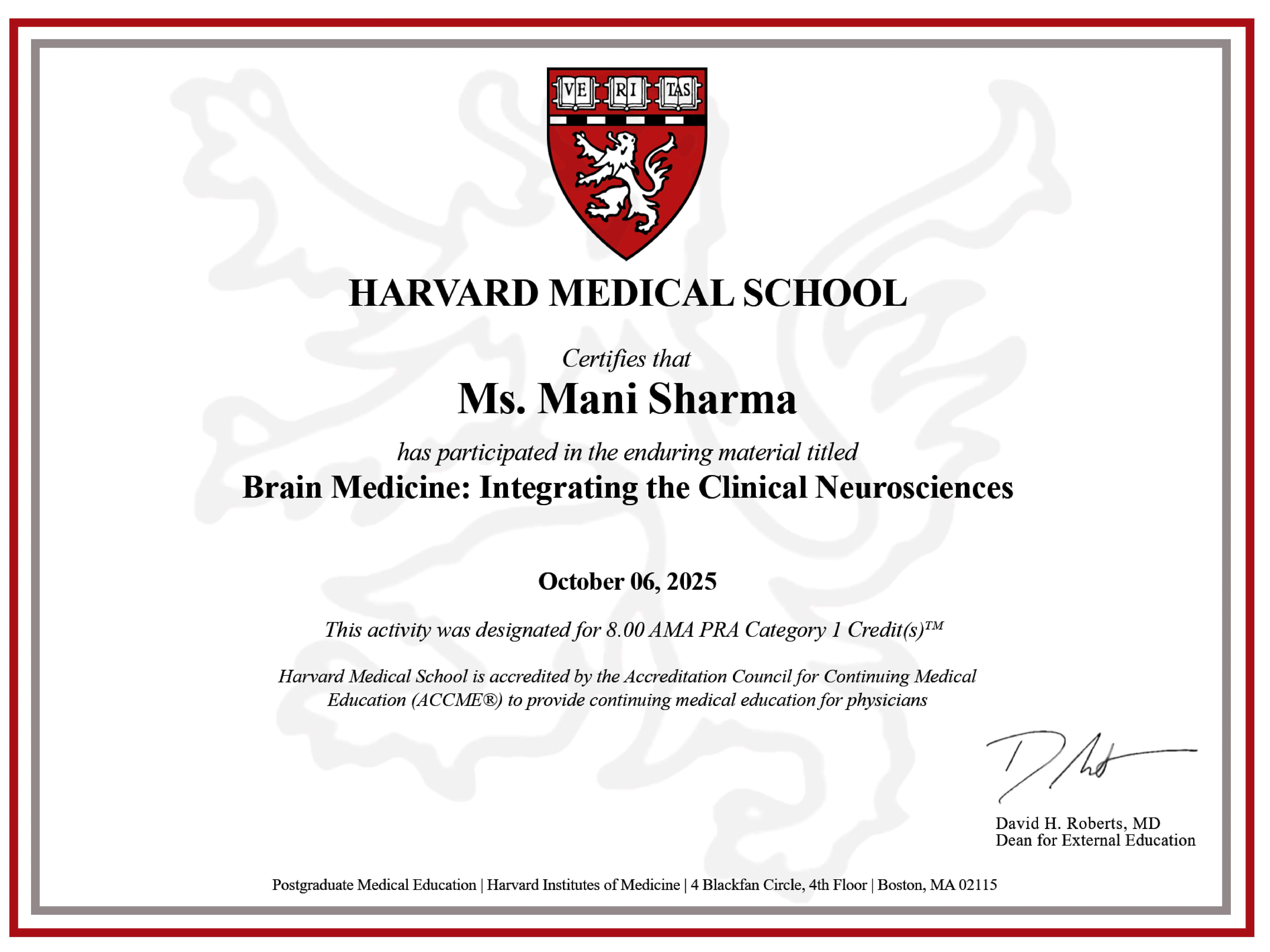 Harvard Medical School certificate graphic in brain and mental health, representing Mani Sharma’s behavioural neuropsychiatry training