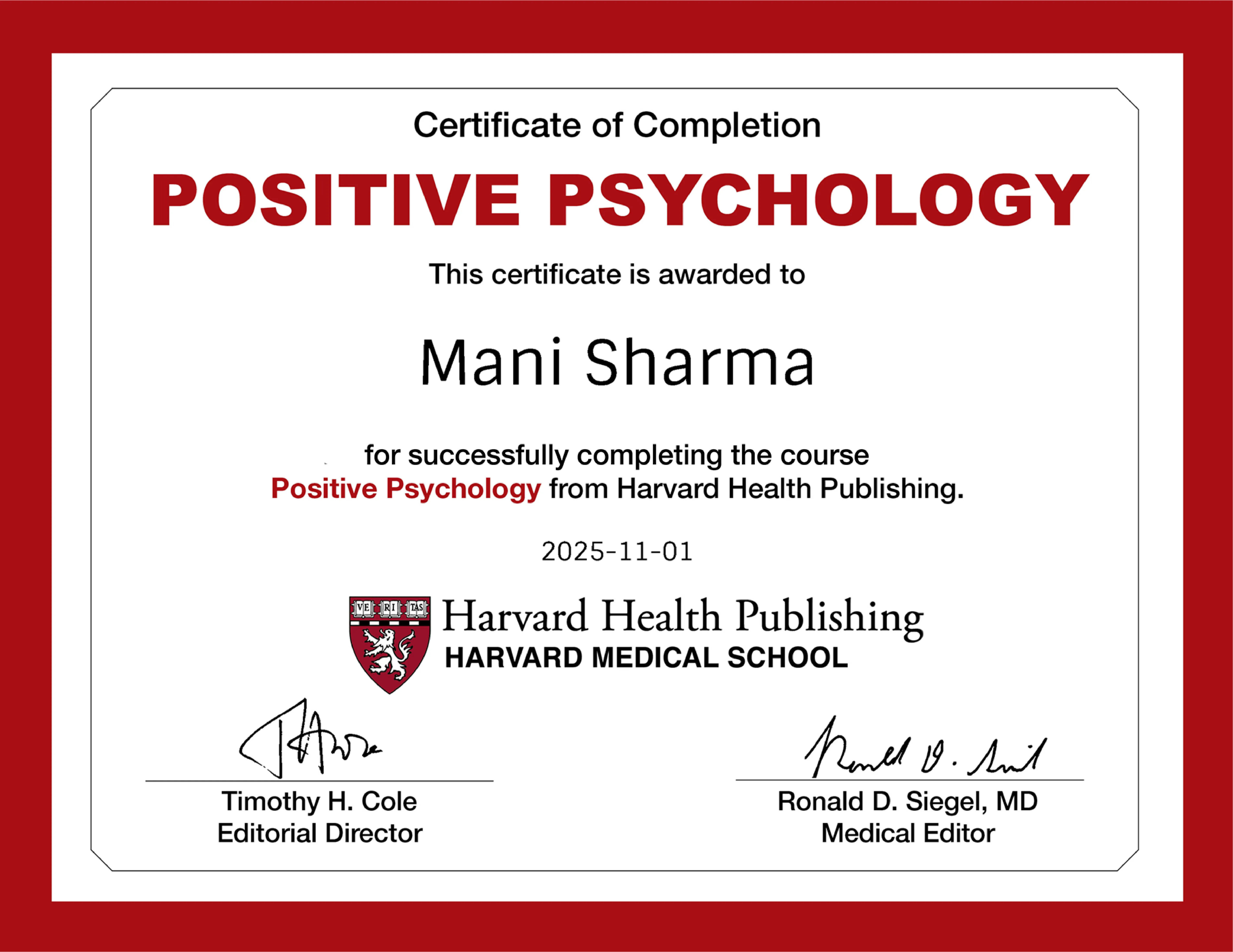Harvard Medical School Positive Psychology course graphic highlighting evidence-based tools used at VinayakM Healing Clinic
