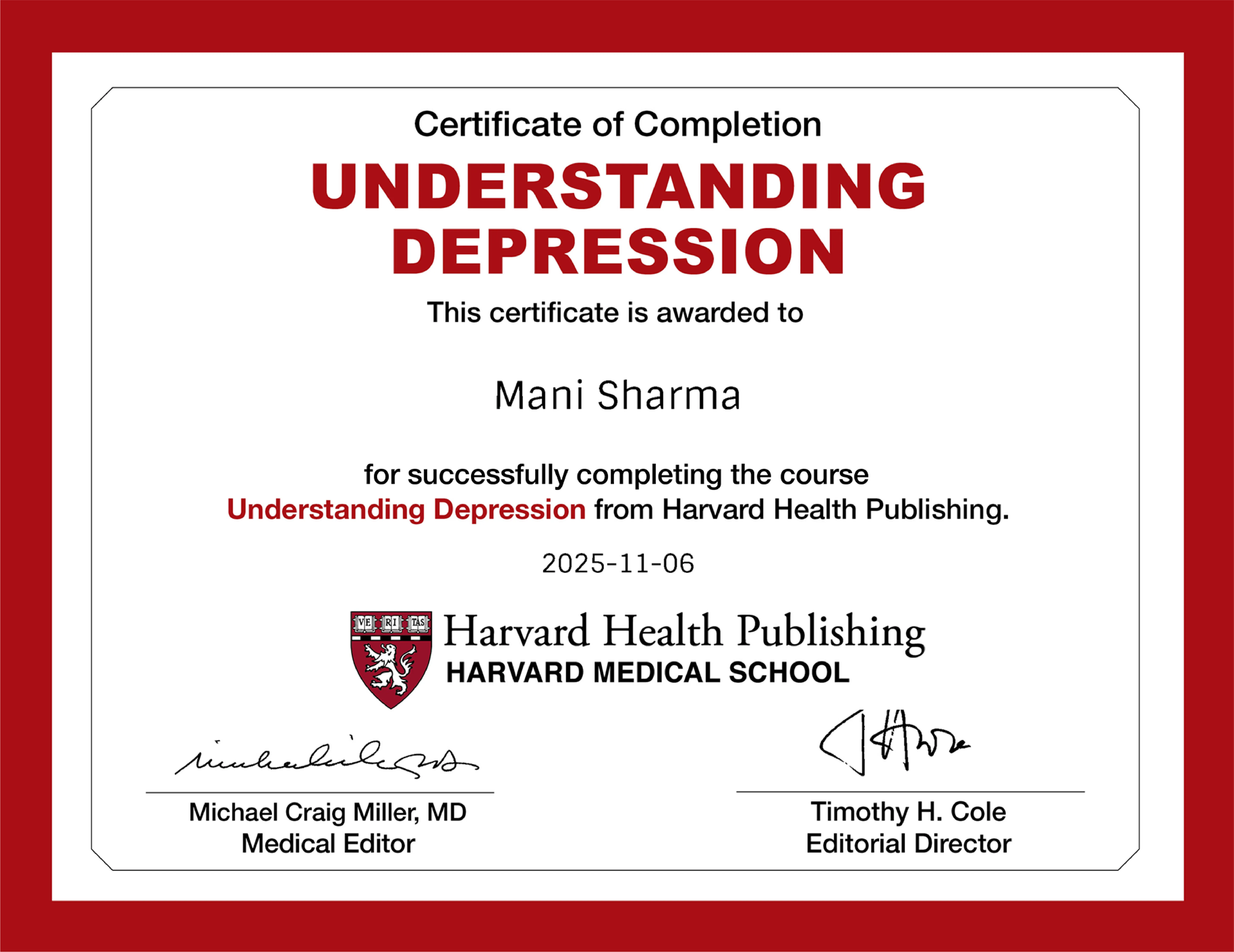 Harvard Medical School Understanding Depression course certificate reinforcing VinayakM’s scientific approach to women’s mental health