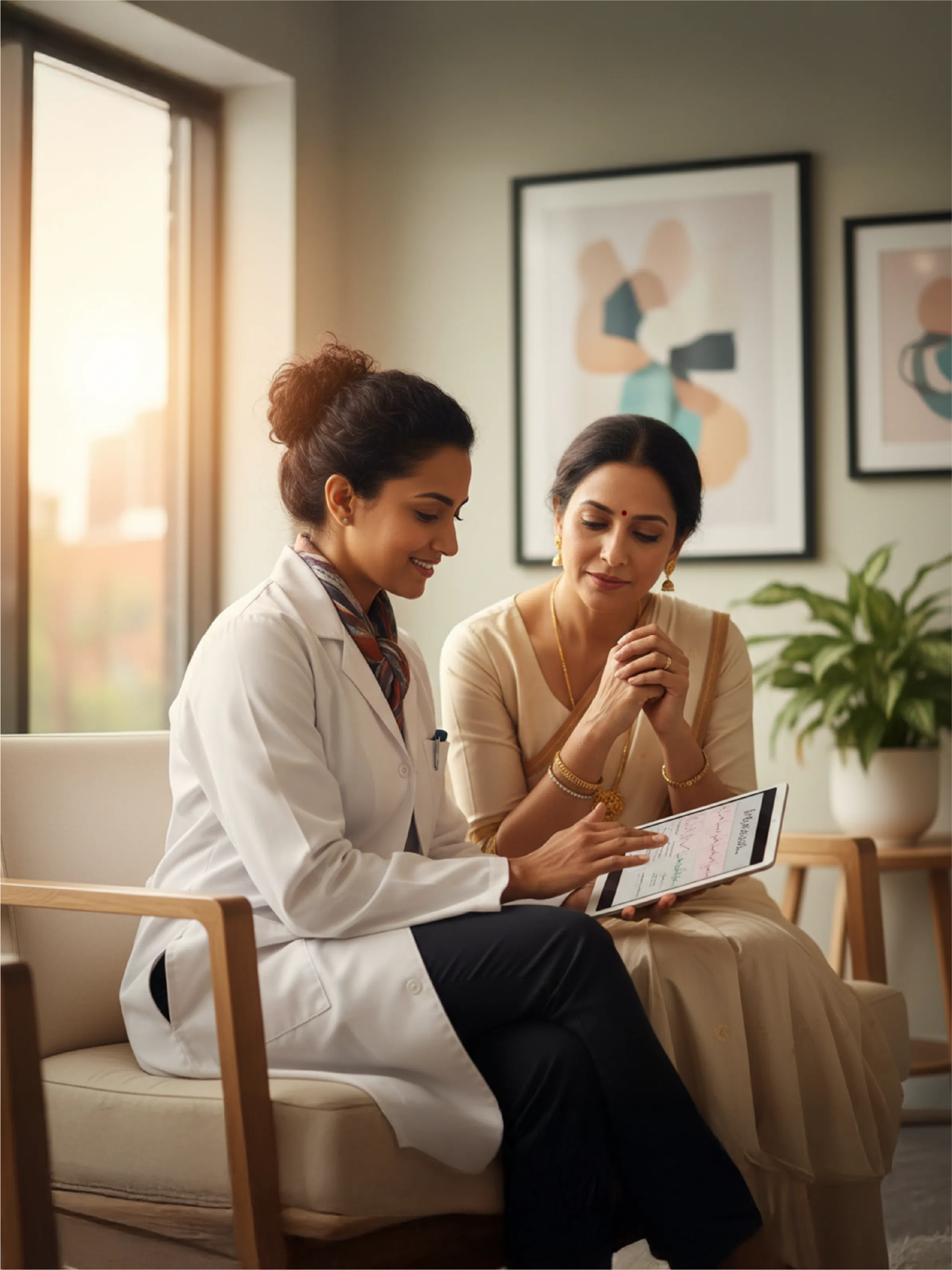 Illustration for Step 2 with a therapist listening as a woman shares her story, so the care plan respects her real life and constraints