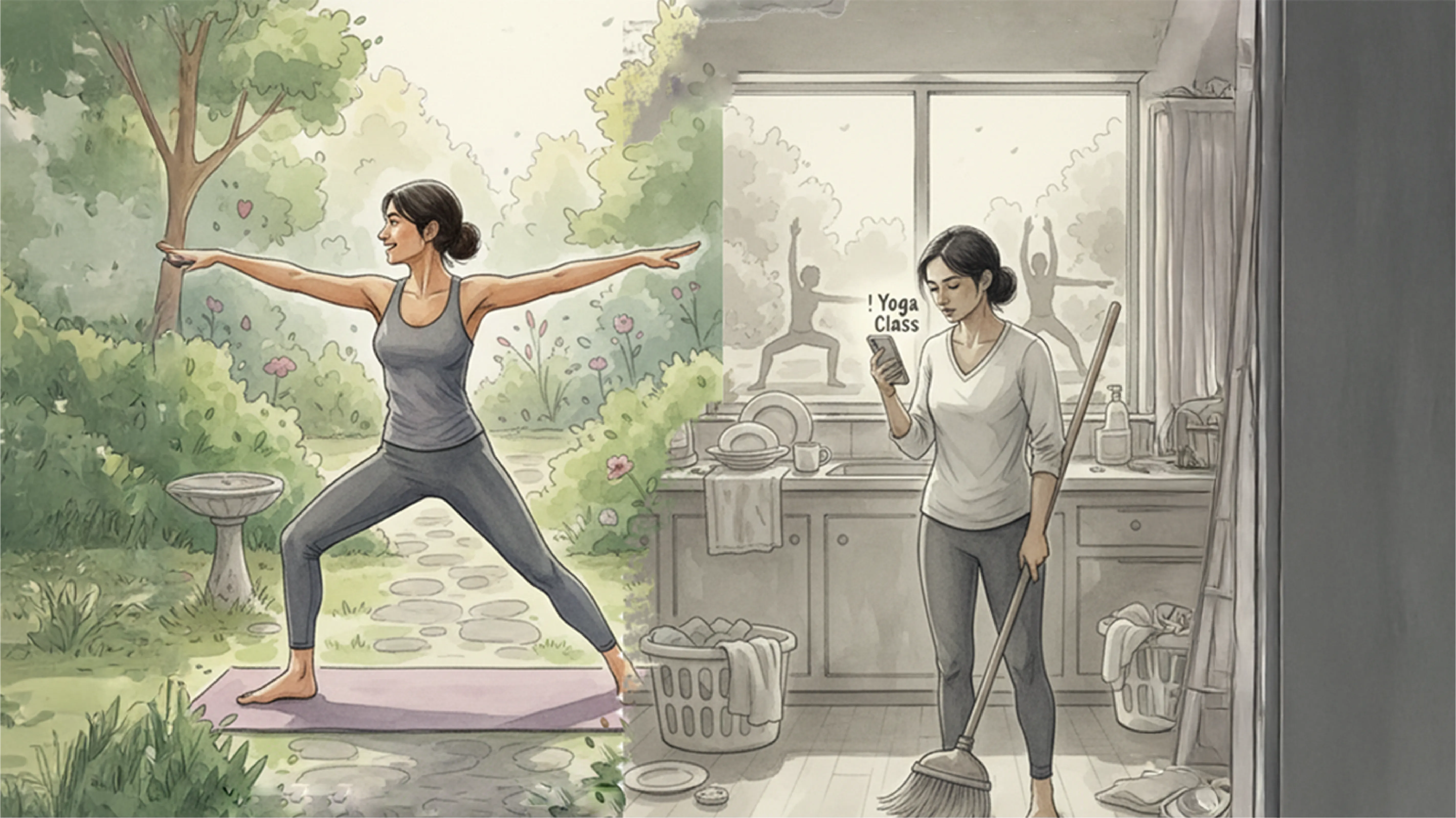 Illustration of a woman rolling up her yoga mat as chores interrupt her self-care, capturing the story “You tried, but life interrupted”
