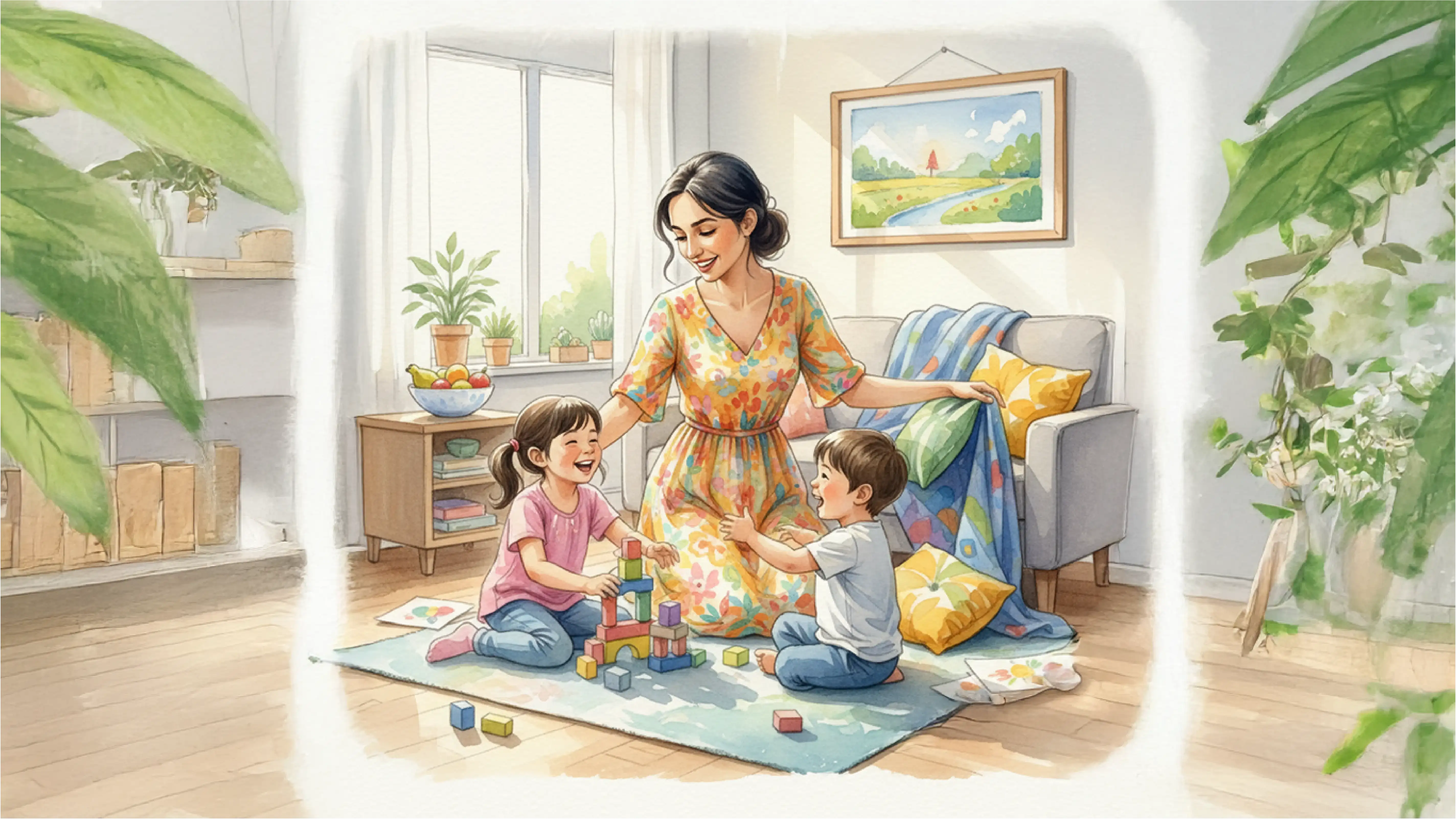 Illustration of a calmer Indian woman feeling steady and present with her family at home after therapy, representing “Steady, seen and at home in yourself”