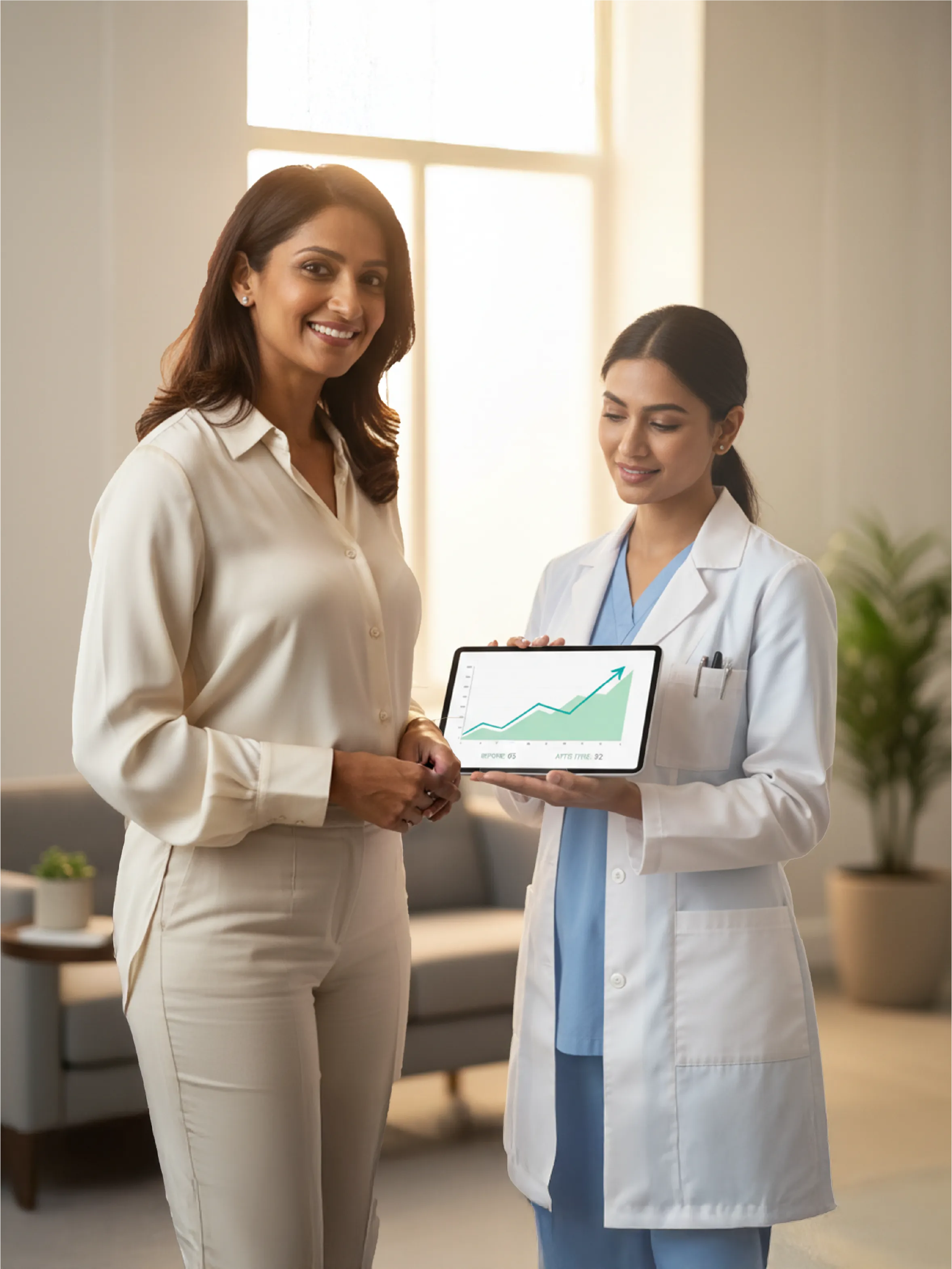 Illustration for Step 4 where the woman reviews her progress with the therapist after four weeks and adjusts the plan based on her FFHS change