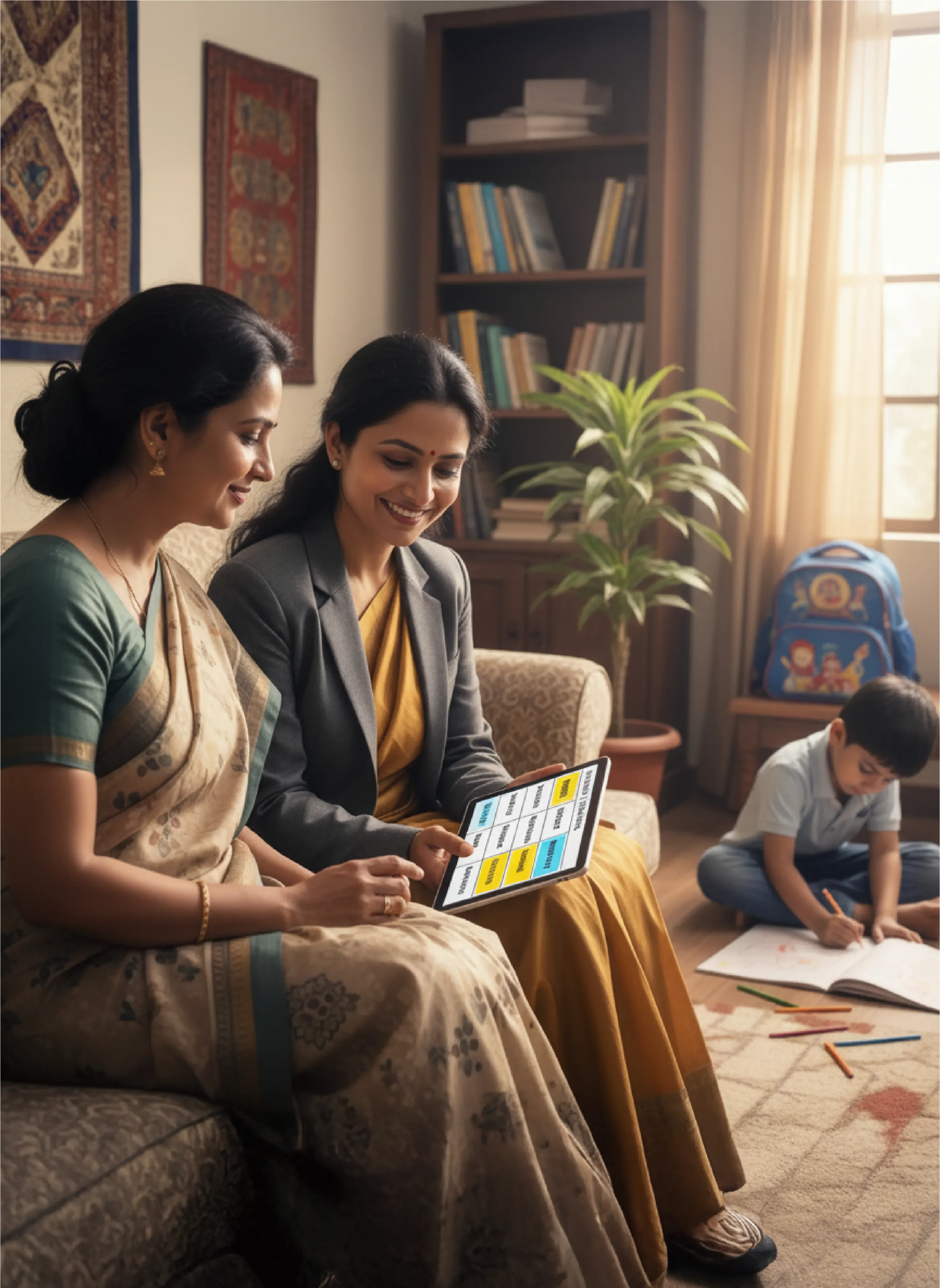 Illustration of a busy Indian woman weaving therapy, work and family into a flexible schedule, showing care that bends around her life, not against it