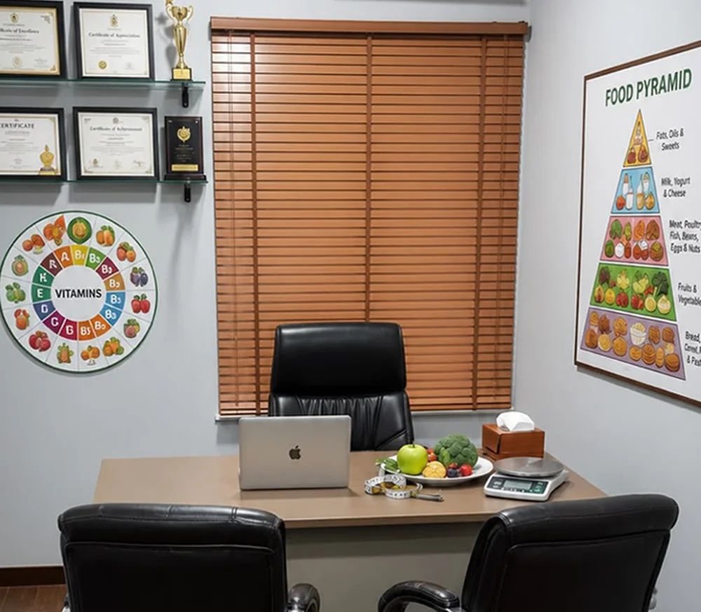 The nutrition consultation room at VinayakM, with a food pyramid chart, a vitamins wheel, a weighing scale and a bowl of fresh fruit and vegetables on the desk