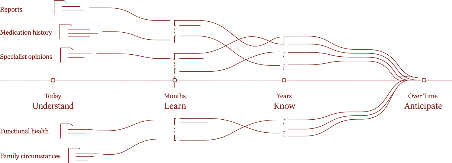 A timeline from today to over time: reports, medication history, specialist opinions, functional health and family circumstances are gathered, then woven together until they converge.