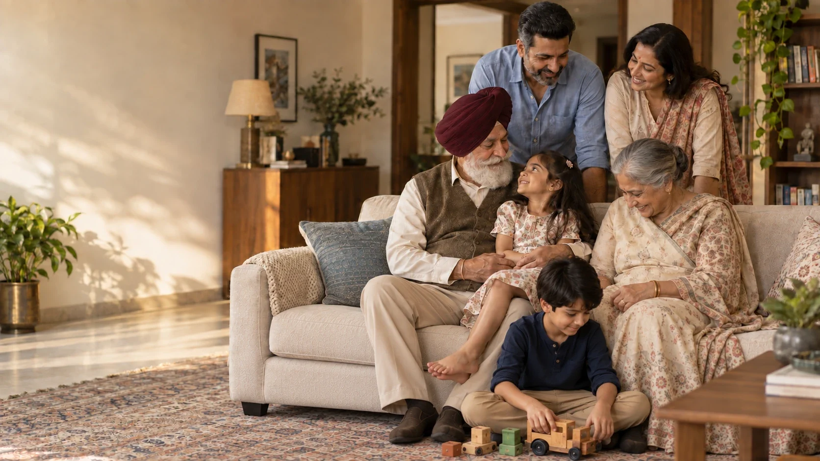 Three generations of a family together in their living room: grandparents on the sofa with their granddaughter, her parents leaning in behind, and a grandson playing with wooden blocks at their feet