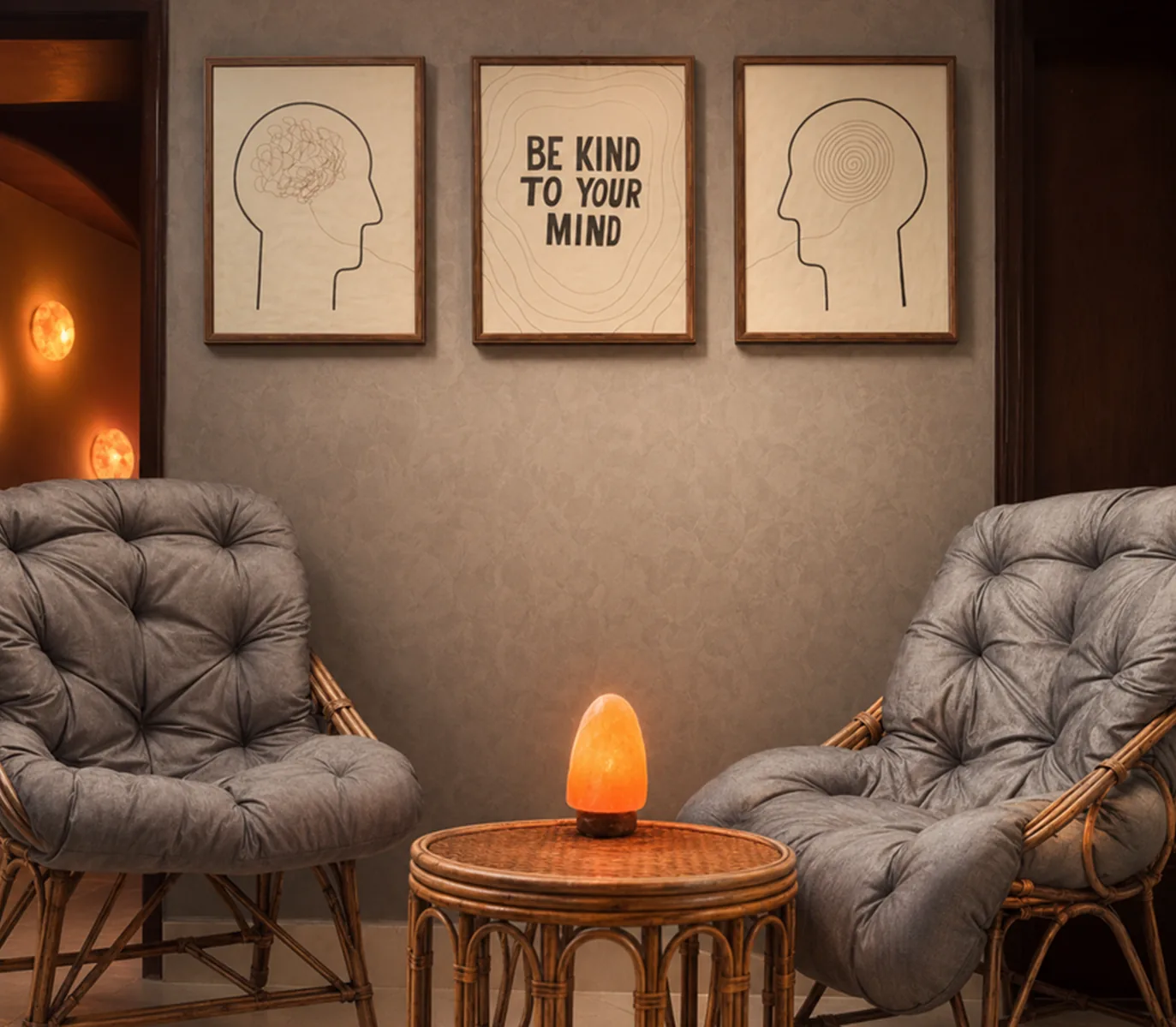 The counselling room at VinayakM: two cushioned cane chairs, a glowing salt lamp on a low table, and framed prints including one that reads Be kind to your mind
