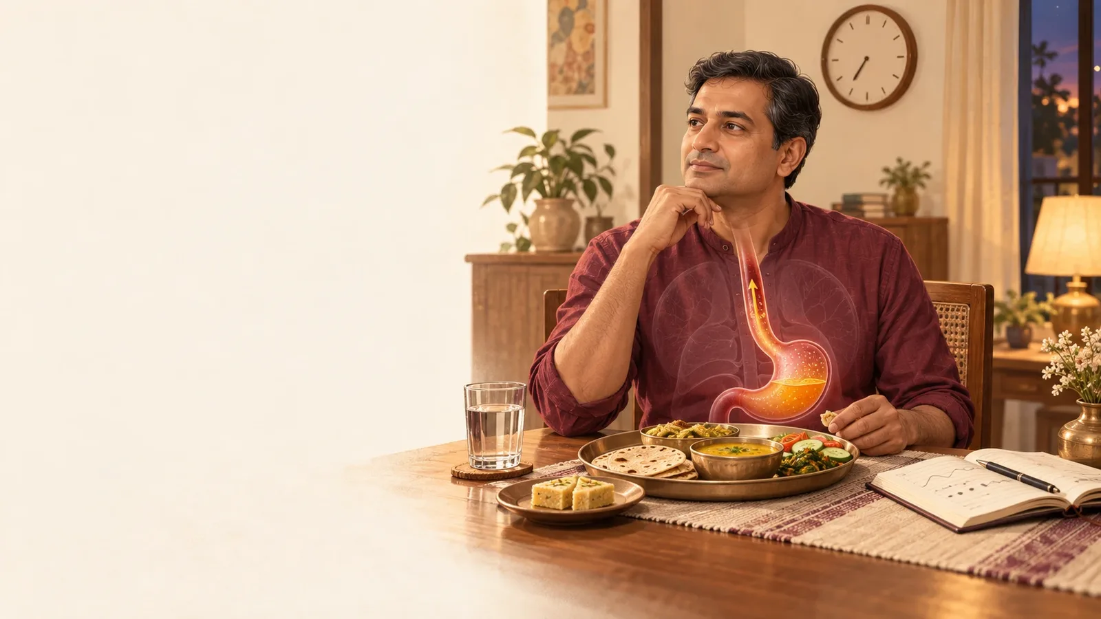 Illustration: a man at an evening meal, with the food pipe and stomach drawn to show reflux