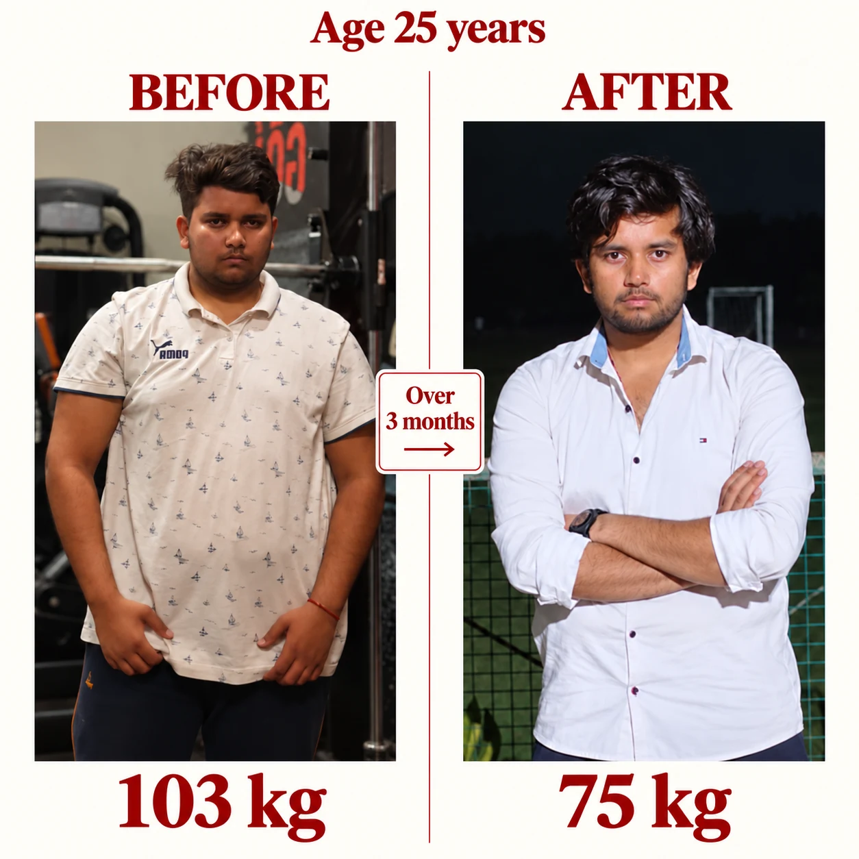 Before and after photographs. Age 25 years. Before: 103 kg. After: 75 kg. Over 3 months.
