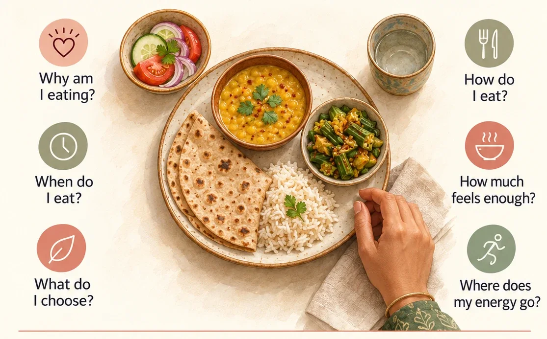 Illustration of an Indian thali with dal, roti, rice, bhindi and salad, a glass of water and a hand at the plate, surrounded by six questions: Why am I eating? When do I eat? What do I choose? How do I eat? How much feels enough? Where does my energy go?