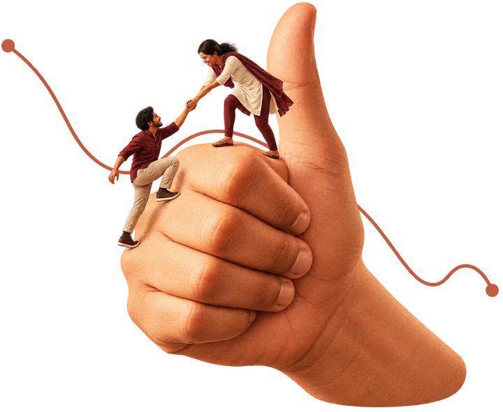 Illustration: a giant thumbs-up hand; on top of it a woman reaches down to help a man climb up, beside a rising line.