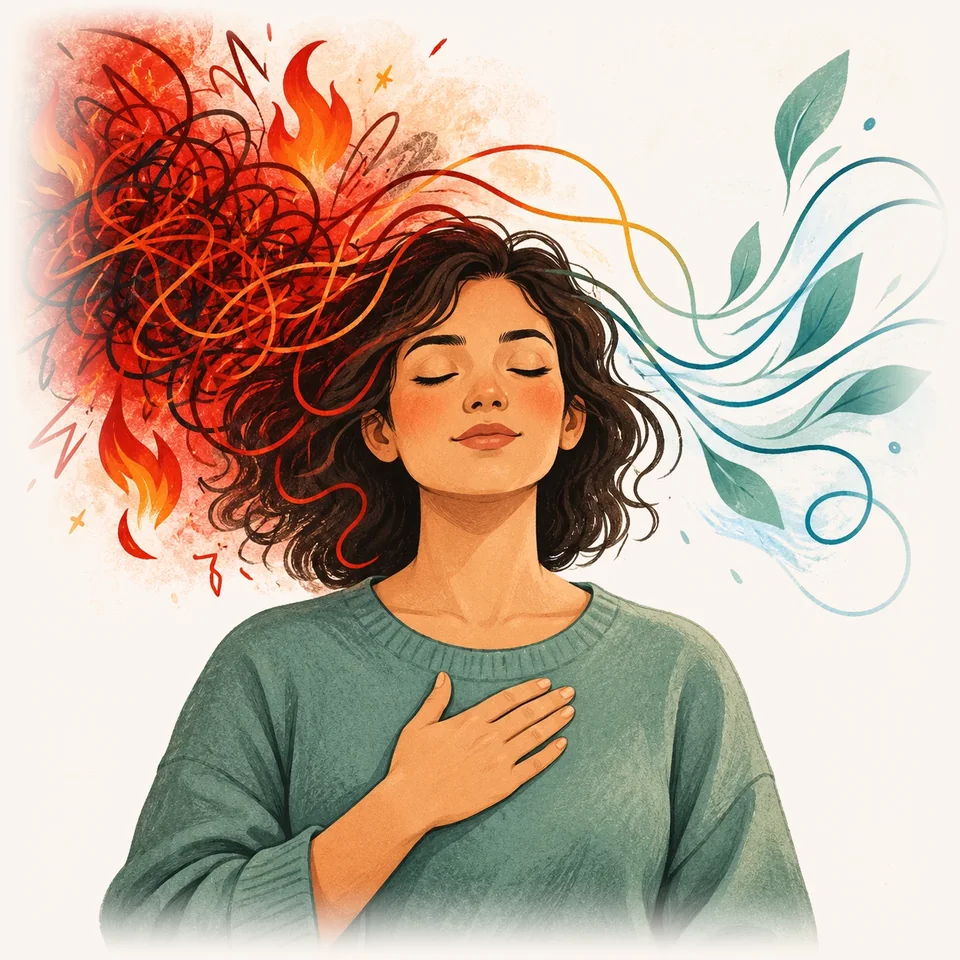 Illustration: a woman breathing calmly with a hand on her chest, red tangled lines and flames on one side giving way to calm blue lines and leaves on the other