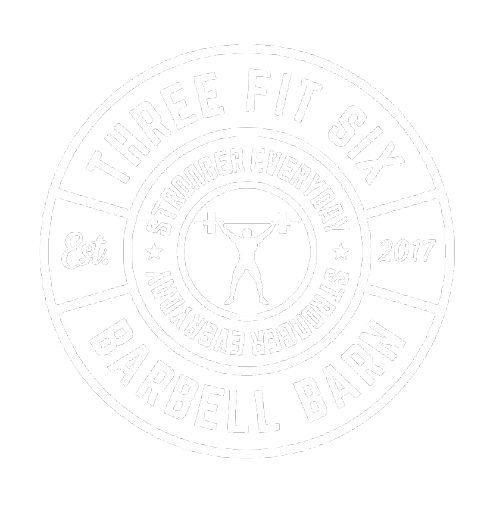 Circular logo with the text 'Three Fit Six Barbell Barn', 'Est. 2017', and 'Stronger Every Day' surrounding a silhouette of a person lifting a barbell.