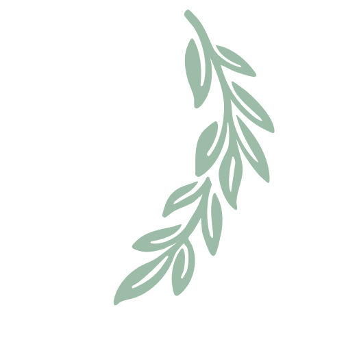 Stylized green branch with elongated leaves arranged along the stem.