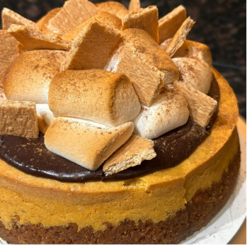 Close-up of a layered dessert with a crumb crust, orange filling, chocolate topping, and toasted marshmallows on top.