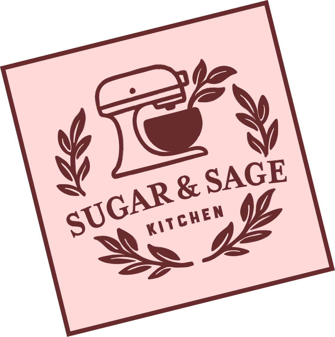 Logo for Sugar & Sage Kitchen featuring a stand mixer with leaves and decorative laurel wreath.