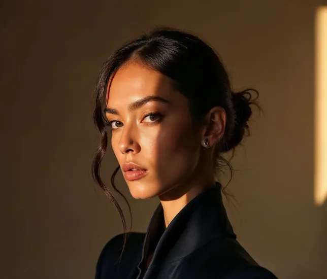 A woman in a black jacket is looking at the camera.