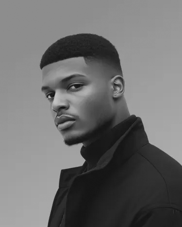 Portrait en noir et blanc d’un homme jeune regardant par-dessus son épaule avec une expression sérieuse.