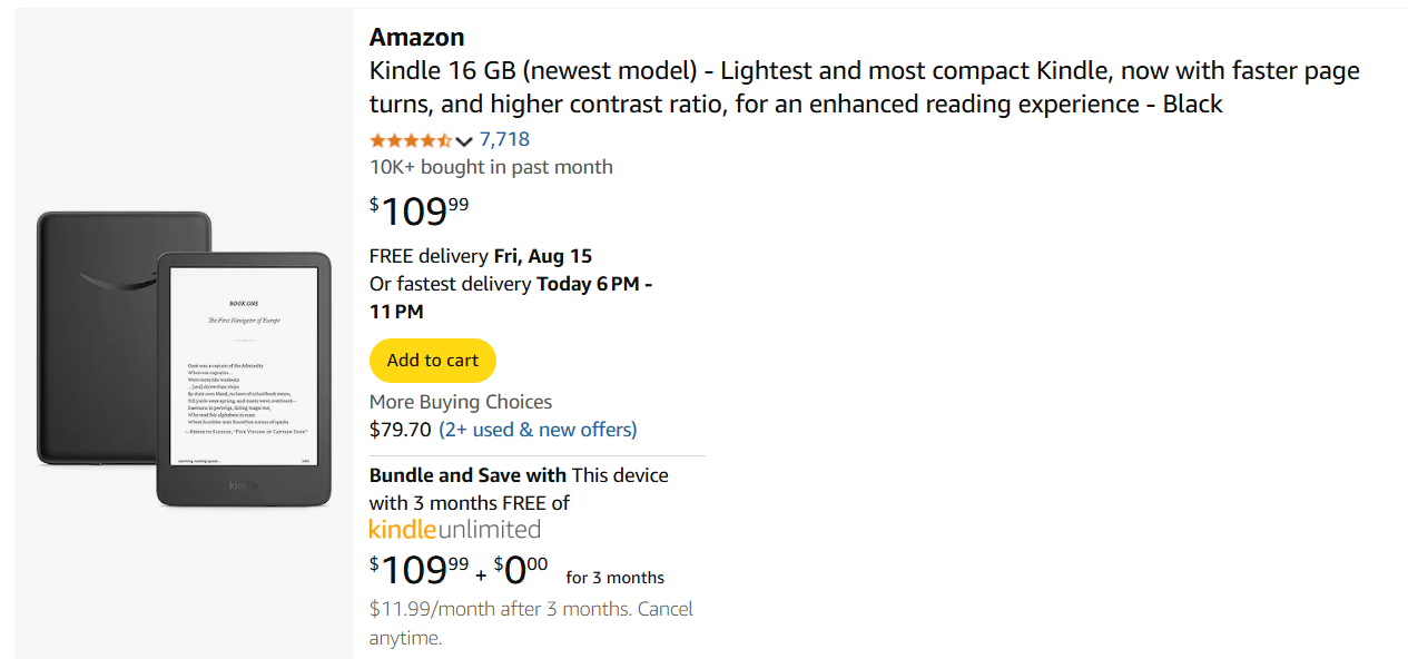Amazon Kindle product page showing low device pricing strategy with subscription bundles