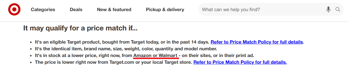 Target's price match policy showing their focus on Amazon and Walmart as key competitors