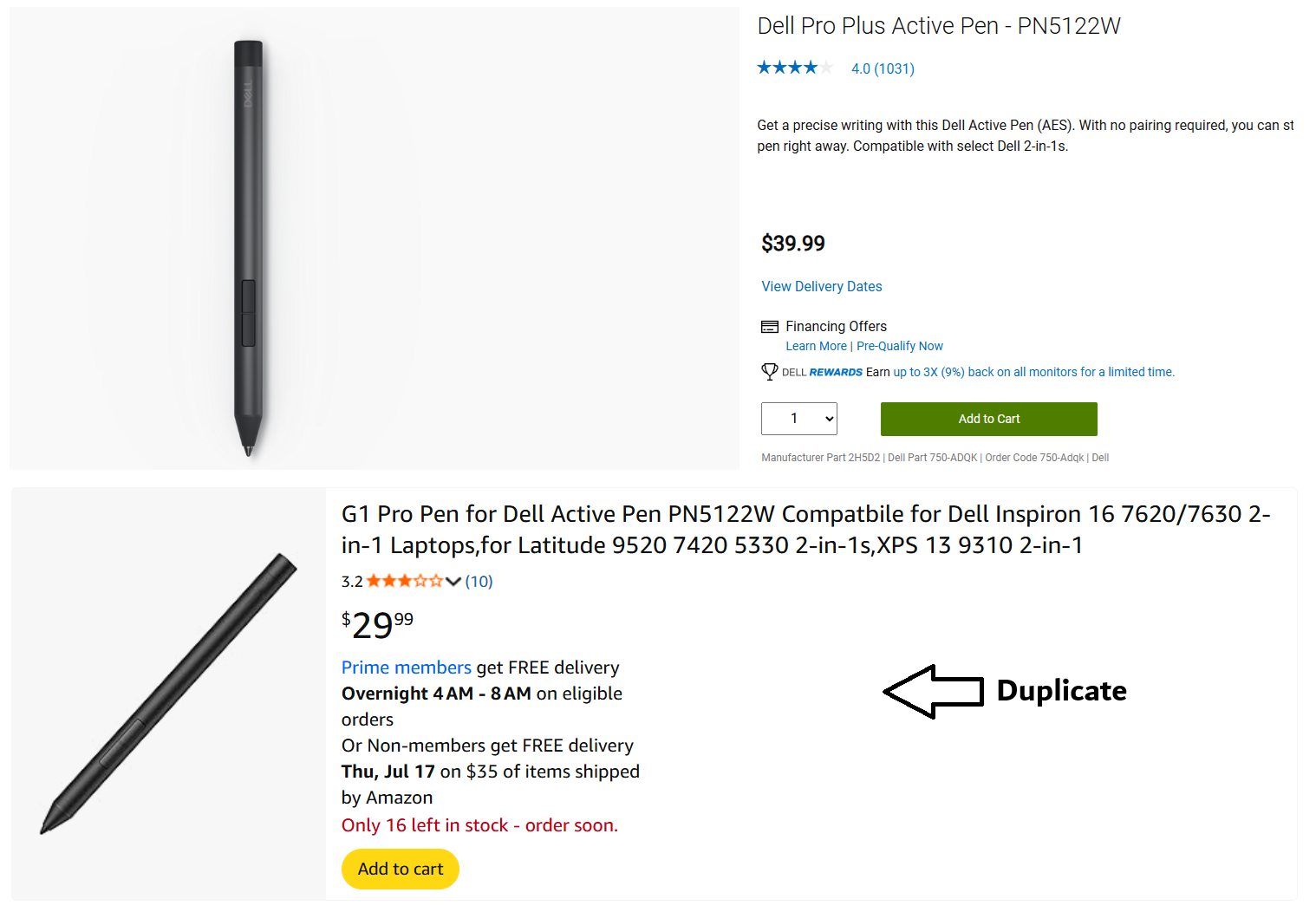 Dell Pro Plus Active Pen comparison showing potential duplicate or counterfeit products