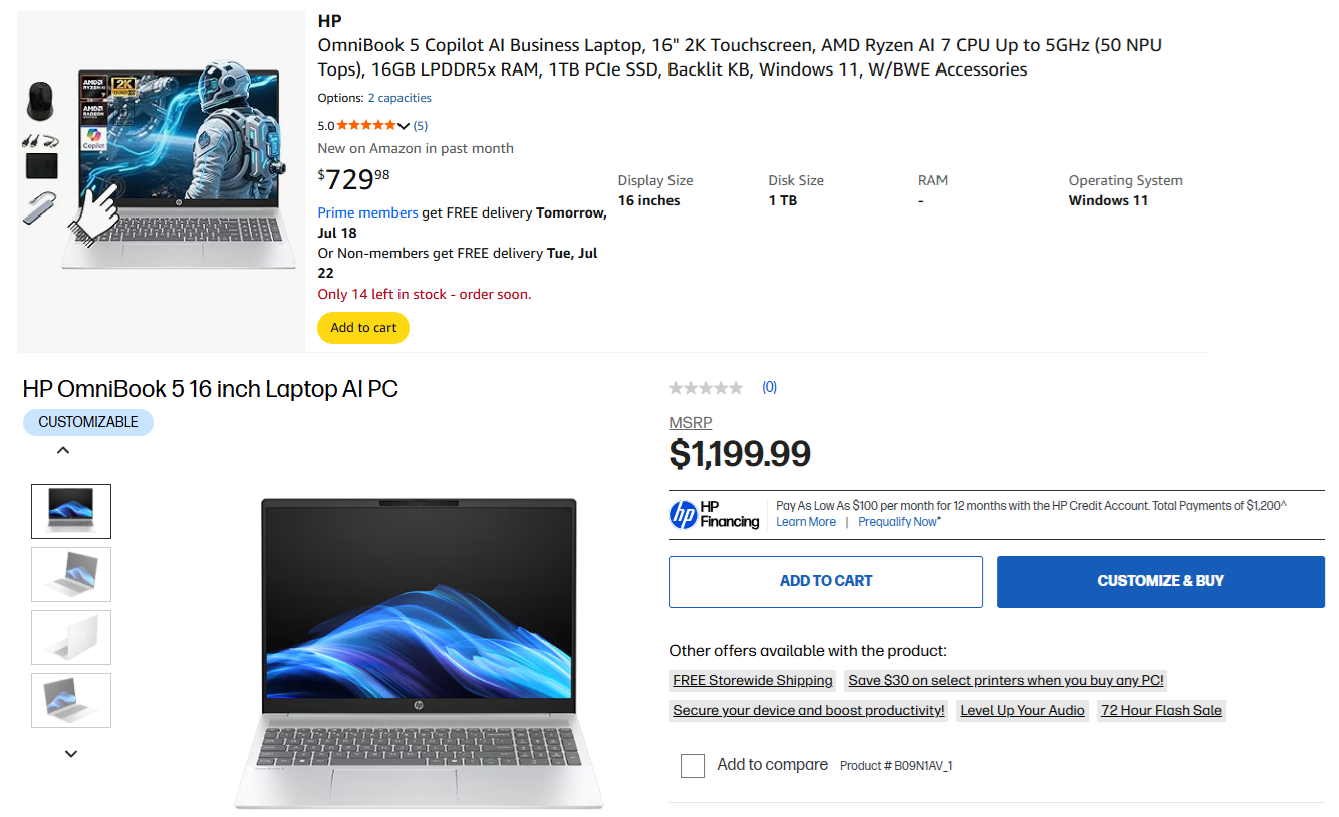 HP laptop product listing comparison