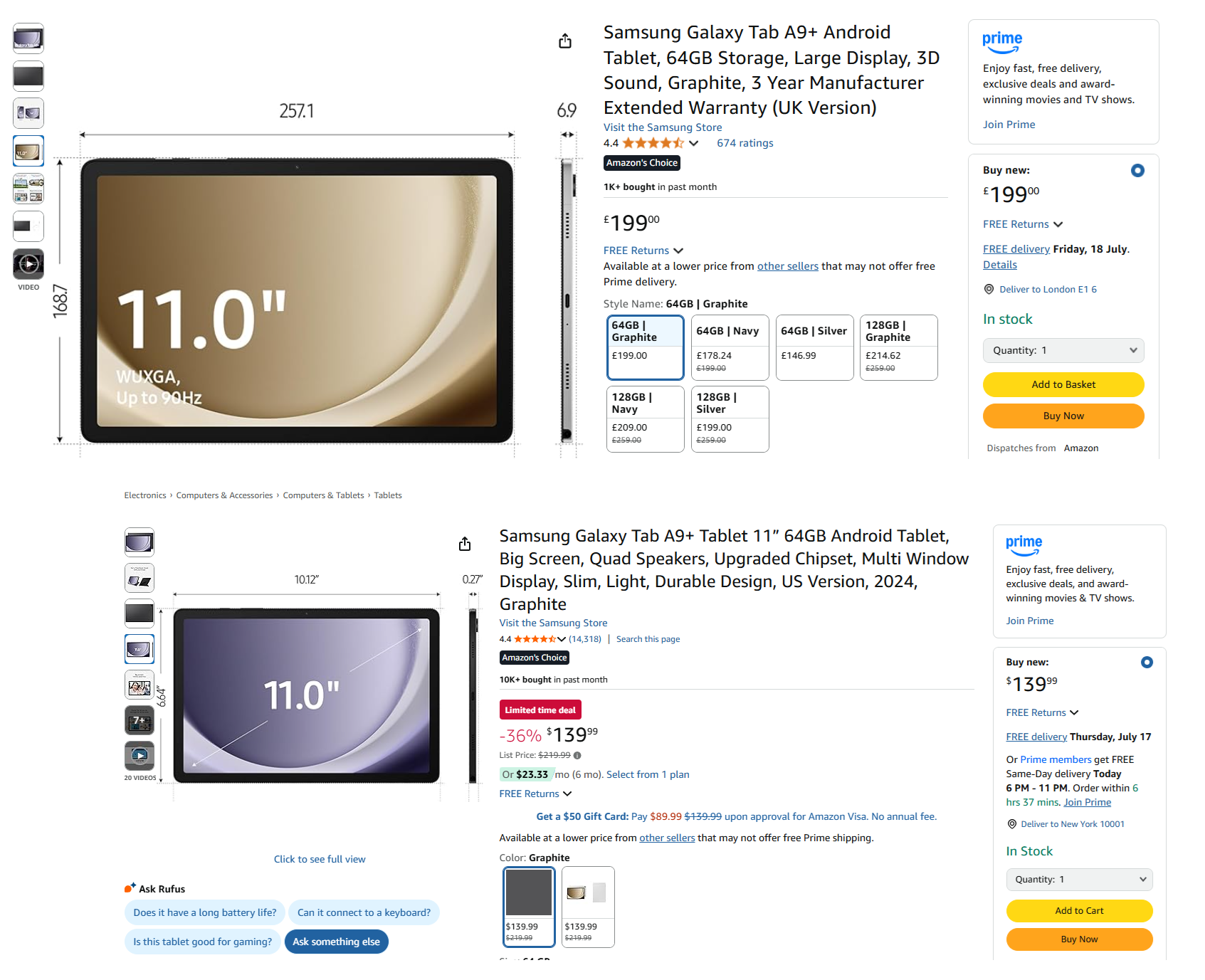 Samsung Galaxy Tab comparison showing regional differences