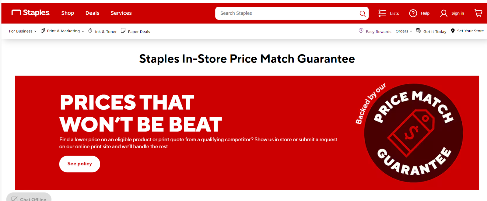 Staples in-store price-match guarantee banner