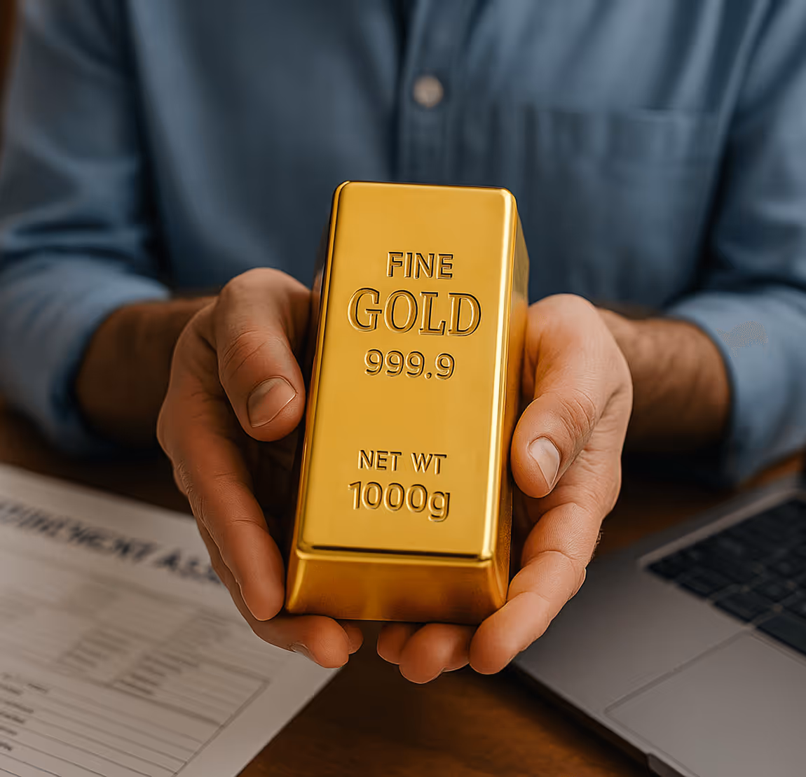 Person holding a gold bar labeled "FINE GOLD 999.9 1 TROY OUNCE"