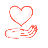 Red hand holding a red heart symbol above it, both drawn with a rough brush stroke style.
