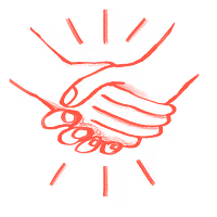 Red line art of two hands shaking surrounded by radiating lines symbolizing agreement or partnership.