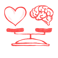 Red scale balancing a heart on the left side and a brain on the right side.