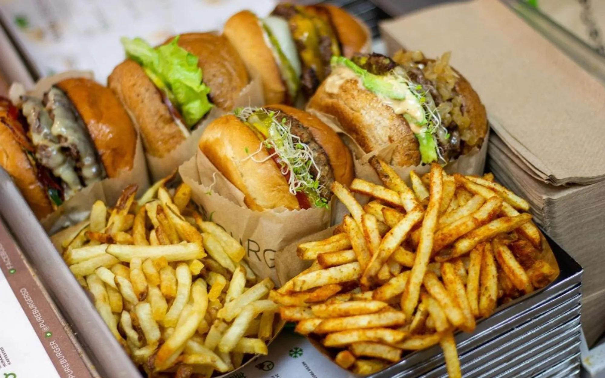 A close-up of appetizing burgers topped with lettuce and sprouts, paired with golden, crispy fries.