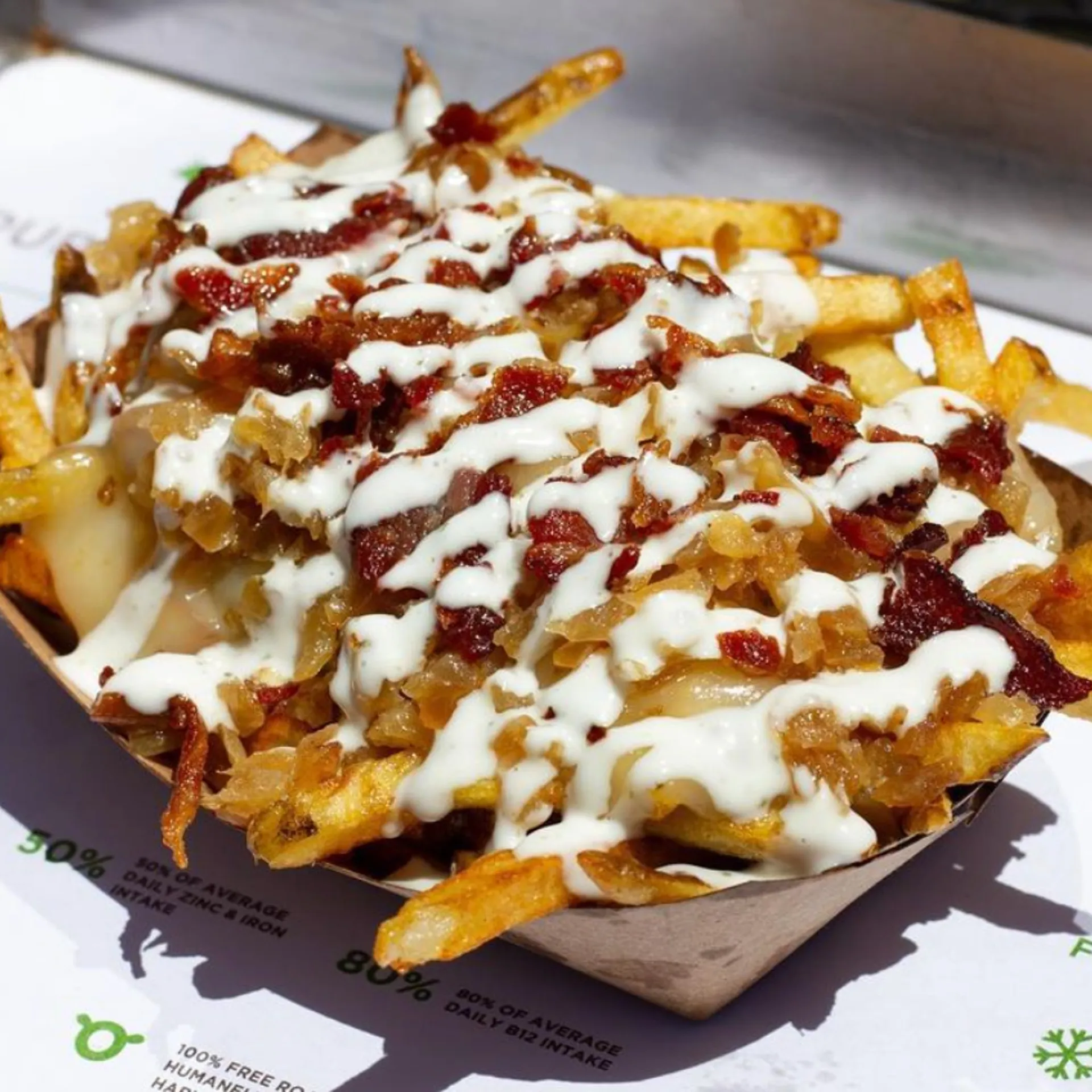 A close-up of loaded fries topped with melted cheese, crispy bacon bits, caramelized onions, and drizzled with creamy white sauce. 