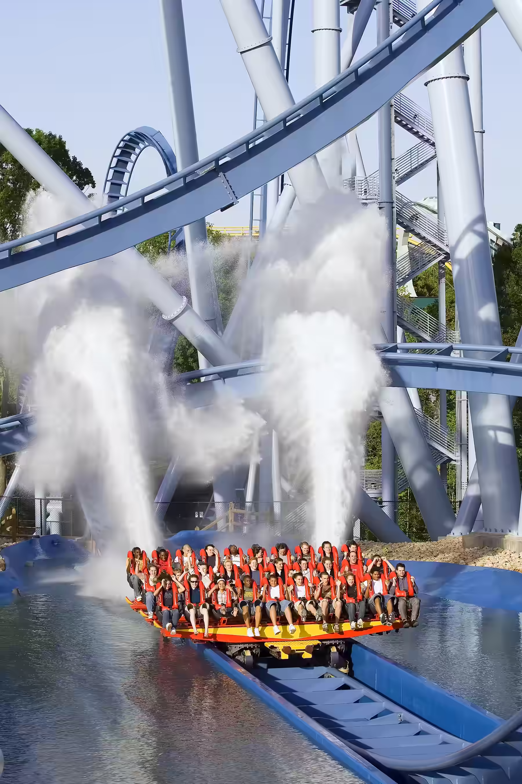 Griffon coaster driving on a rail going through water