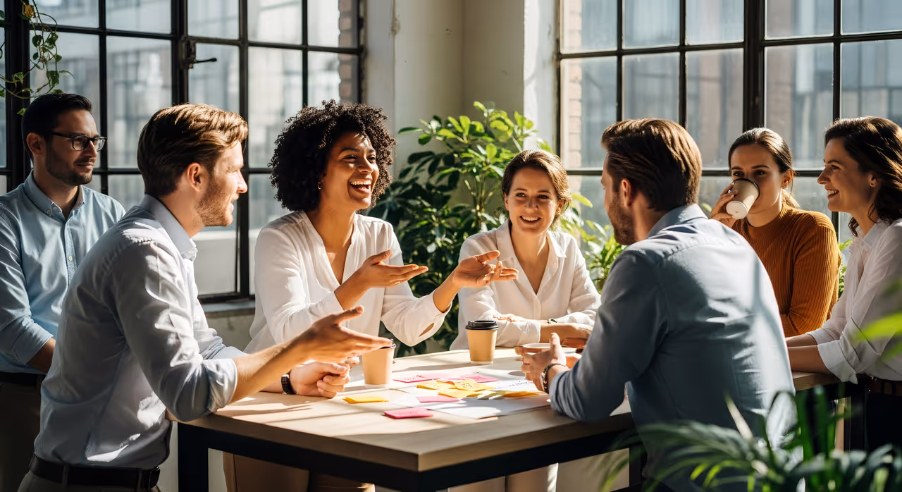 Zes collega's in een lichte kantoorruimte zitten rond een tafel en hebben een enthousiaste bespreking.