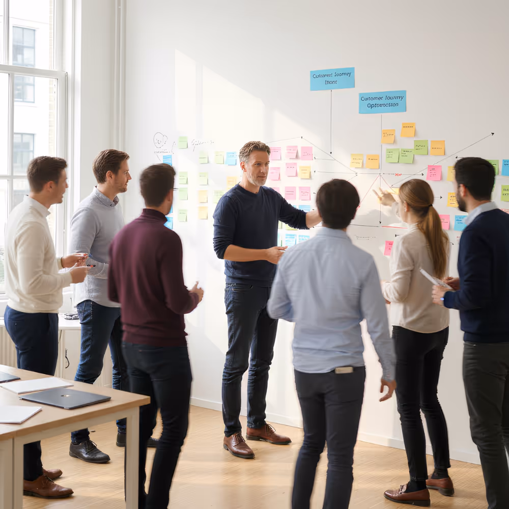 Zeven collega's overleggen voor een muur met kleurrijke plaknotities en diagrammen in een helder kantoor.