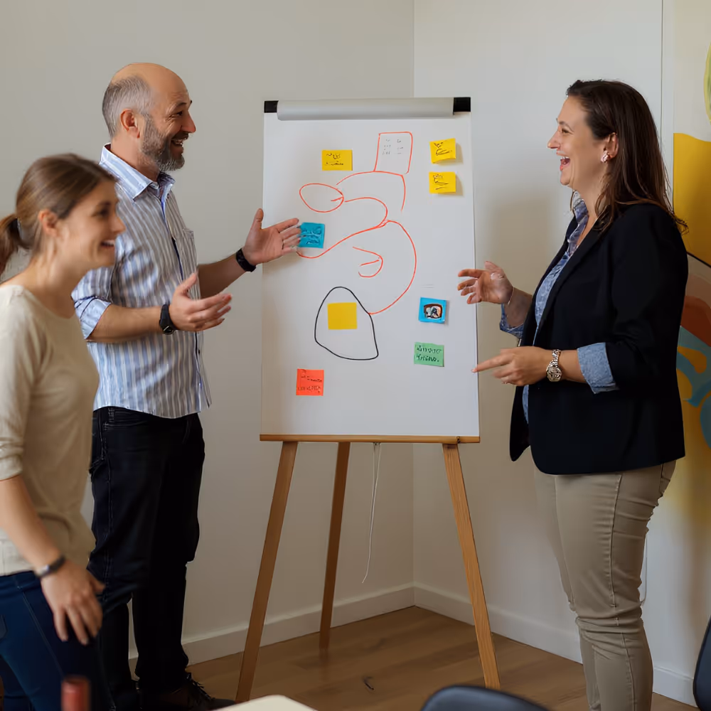 Drie collega’s bespreken lachend een presentatie met kleurrijke plakbriefjes op een flip-over in een kantoor.