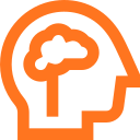 Zijaanzicht van een hoofd met een gestileerde oranje hersenillustratie.