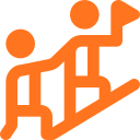 Pictogram van twee mensen die een berg beklimmen, één persoon wijst met een vlag.