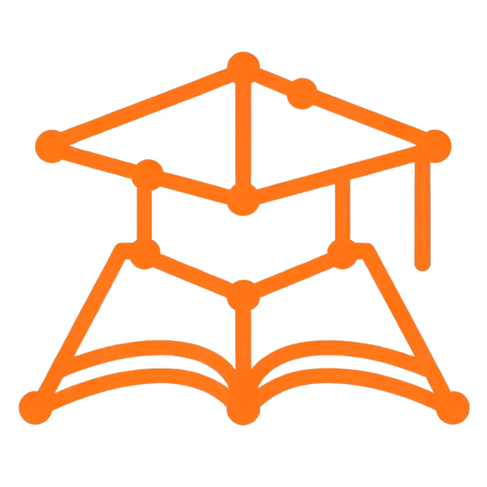 Oranje lijntekening van een geopende boek met daarop een afstudeerhoedje, symbool voor onderwijs.